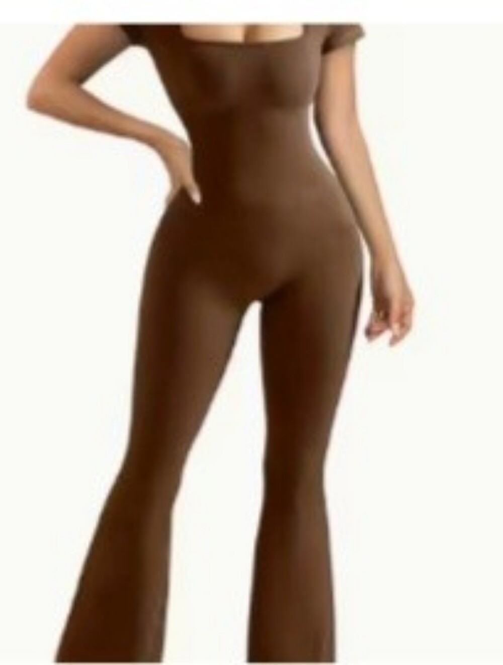 Brown Ribbed Short-Sleeve Jumpsuit for Women